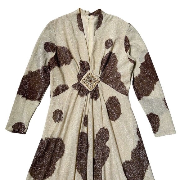 70s vintage metallic midi dress animal cow print beaded v-neck long sleeve. - Picture 2 of 12